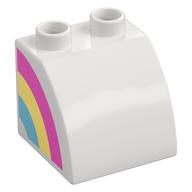 Duplo Brick 2 x 2 x 1 1/2 with Curved Top, Rainbow on Right Side Print (White)