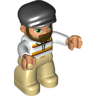 Duplo Figure with Cap Black, with Beard, Tan Legs, Red and Yellow Striped Shirt Print (White)