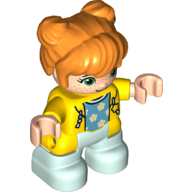 Duplo Figure Child with Two Buns on Top and Long Bangs Orange, with Light Aqua Legs, Hoodie over Azure Shirt with Stars Print (Yellow)