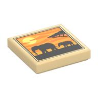 Tile 2 x 2 with Elephants Silhouette, Sunset Print (Tan)