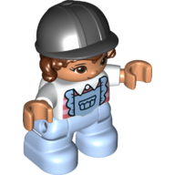 Duplo Figure Child with Hair and Riding Helmet Black, Bright Light Blue Legs, Frilly Shirt Print (White)