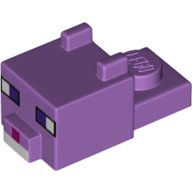 Animal Body Part, Cat Head 1 x 2 with Cube with Ears, Nose and Pixelated Face with Dark Purple Eyes and Magenta Nose Print (Medium Lavender)