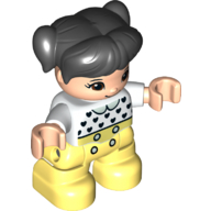Duplo Figure Child with Ponytails and Bangs Black, with Light Nougat Face and Hands, Bright Light Yellow Legs, Black Heart, Light Green Collar Print (White)