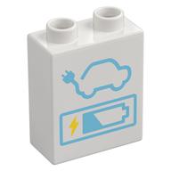 Duplo Brick 1 x 2 x 2 with Car, Plug, and Battery Level Print (White)