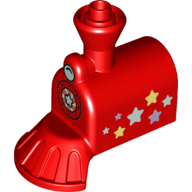 Duplo Train Front, Steam Engine 2 x 4 with Cow Catcher and Stars, Headlight above Boiler Circle with Star Print (Red)