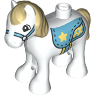 Duplo Animal Horse/Foal with Medium Azure Saddle, Tan Mane & Tail Print (White)