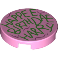 Tile Round 2 x 2 with Green 'HAPPEE BIRTHDAE HARRY' Print (Bright Pink)