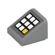 Brick Sloped 30° 1 x 1 x 2/3 with Keypad, 8 White Buttons, 1 Yellow Print (Light Bluish Gray)