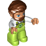 Duplo Figure with Hair Swept Right with Beard Reddish Brown, with Lime Legs, Overalls Print (White)