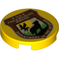 Tile Round 2 x 2 with Dark Red Shield, Wolfe, Eagle, 'U.S. FISH & WILDLIFE SERVICE' Print (Yellow)