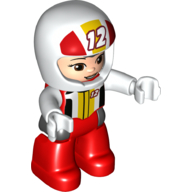 Duplo Figure with Helmet White with '12', Red Legs, Racing Jacket Print (Red)