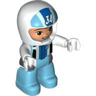 Duplo Figure with Helmet White with '34', Medium Azure Legs, Racing Jacket Print (Medium Azure)