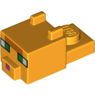 Animal Body Part, Cat Head 1 x 2 with Cube with Ears, Nose and Pixelated Face with Green Eyes and Dark Pink Nose Print (Cat) (Bright Light Orange)