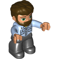 Duplo Figure with Thick Hair Combed Forward and Beard Dark Brown, Black Legs, Shirt with Pockets Print (Bright Light Blue)