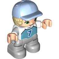 Duplo Figure Child with Hair and Cap Bright Light Blue, Light Bluish Gray Legs, Shirt with '7' Print (White)