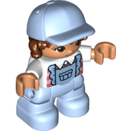 Duplo Figure Child with Long Hair and Cap Bright Light Blue, Bright Light Blue Legs, Apron, Pink Striped Shirt Print (White)