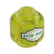 Minifig Head (No Face), Bottle / Jar, Green 'ACID POPS' Print (Trans-Yellow)