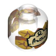 Minifig Head (No Face), Bottle / Jar, Leaves, Tan Label with Black Script Print (Trans-Clear)