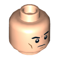 Minifig Head Tom Riddle / Bruce Wayne, Dark Orange Cheek Lines, Frown Raised Left Eyebrow / Angry with Open Mouth Print (Light Nougat)