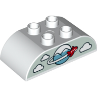 Duplo Brick 2 x 4 Curved Top with Airplane Circling Globe, Clouds Print (White)