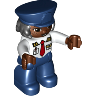 Duplo Figure with Police Style Hat Dark Blue and Hair, with Dark Blue Legs, Pilot Shirt with Pockets and Red Tie Print (White)