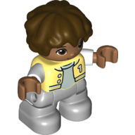 Duplo Figure Child with Short Wavy Hair Dark Brown, Light Bluish Gray Legs, Letterman Jacket Print (Bright Light Yellow)