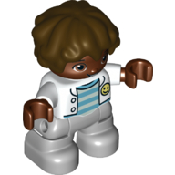 Duplo Figure Child with Short Wavy Hair Brown, Light Bluish Gray Legs, Jacket over Striped Shirt Print (White)