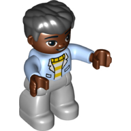 Duplo Figure with Thick Hair Combed Forward Black, Light Bluish Gray Legs, Jacket over Striped Sweater Print (Bright Light Blue)