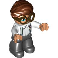 Duplo Figure with Hair Swept Right Reddish Brown, with Black Legs, Shirt with Suspenders Print and Brown Glasses (White)