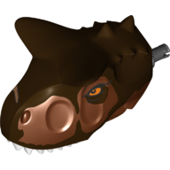 Animal Body Part, Dinosaur, Carnotaurus Head with Pin, White Teeth, Dark Brown Markings, Orange Eyes Print (Reddish Brown)