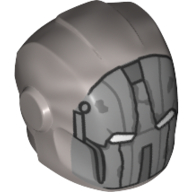 Helmet with Armor Plates and Ear Protectors with White Eyes, Dark Bluish Gray Worn Patches Print (Flat Silver)