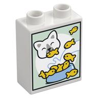 Duplo Brick 1 x 2 x 2 with Cat Eating Fish Print (White)