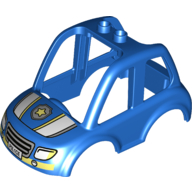 Duplo Car Body High Cab 2 Top Studs with Yellow and Silver Police Badge on Hood, Headlights, and Grille Print (Blue)