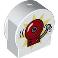 Duplo Brick 1 x 3 x 2 Round Top, Cut Away Sides with Ringing Fire Alarm Bell, Bright Light Yellow Background Print (White)