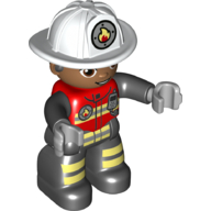 Duplo Figure with Helmet White, Black Legs, Safety Jacket with Reflective Stripes, Green Eyes, Stubble Print (Firefighter) (Red)
