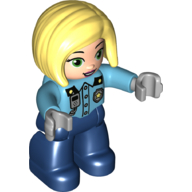 Duplo Figure with Straight Hair with Left Parting Bright Light Yellow, Dark Blue Legs, Police Shirt and Badge Print (Medium Azure)