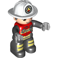 Duplo Figure with Helmet White, Black Legs, Jacket with Bright Light Yellow Safety Stripes, Fire Badge, and Radio Print (Firefighter) (Red)