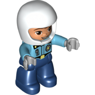 Duplo Figure with Helmet White, Dark Blue Legs, Police Shirt with Badge and Zipper, Nougat Face Print (Medium Azure)