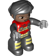 Duplo Figure with Thick Short Hair Combed over Forehead Black, Black Legs, Jacket with Bright Light Yellow Safety Stripes, Fire Badge, and Radio Print (Firefighter) (Red)