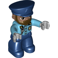 Duplo Figure with Police Style Hat Dark Blue, with Dark Blue Legs, Dark Brown Beard, Shirt with Police Badge and Radio Print (Medium Azure)