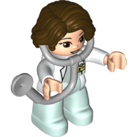 Duplo Figure with Hair Side Parted Dark Brown, Light Aqua Legs, White Top with ID Badge, White Arms, Attached Stethoscope (Medic) (White)