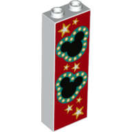 Brick 1 x 2 x 5 with Black Hidden Mickeys, Dark Turquoise Border, Stars and Red Background Print (White)