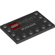 Plate Special 4 x 6, Studs on 3 Edges with LEGO Logo, 'THE INFINITY SAGA', and 'MJOLNIR' Print (Black)