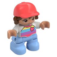 Duplo Figure Child with Long Hair and Cap Coral, Bright Light Blue Legs, Striped Shirt with Heart Print (White)