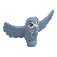 Animal, Bird, Owl Small with Open Wings, Angular Features with Orange Eyes and Beak and Dark Bluish Gray and White Rippled Chest Feathers Print (Sand Blue)