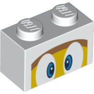 Brick 1 x 2 with Blue Eyes, Yellow Face, Medium Nougat Forehead Print (White)