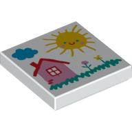 Tile 2 x 2 with Child's Drawing of a House, Sun, Cloud, and Flowers Print (White)