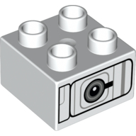 Duplo Brick 2 x 2 with Silver Lines and Black Circle Print (White)