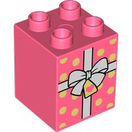Duplo Brick 2 x 2 x 2 with Ribbon and Gift Tag Print (Coral)