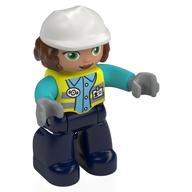 Duplo Figure with Construction Helmet White, Reddish Brown Hair, with Vibrant Yellow Vest, Dark Blue Legs (Vibrant Yellow)